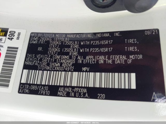 5TDYRKECXNS074912 Toyota SIENNA XLE