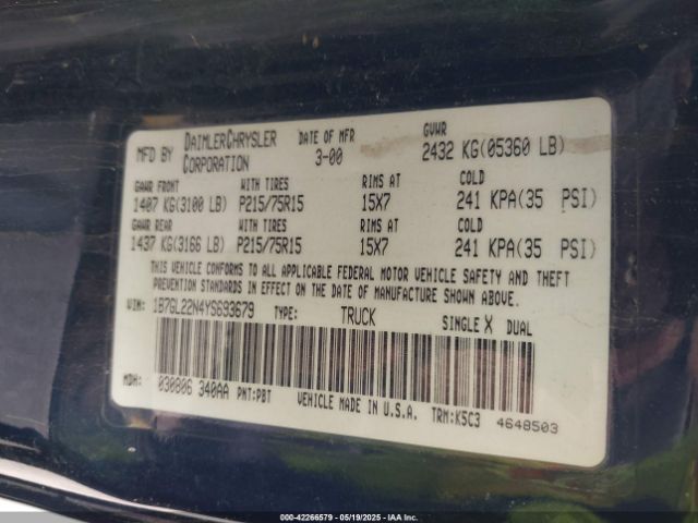 2000 DODGE DAKOTA 1B7GL22N4YS693679 Photo 8