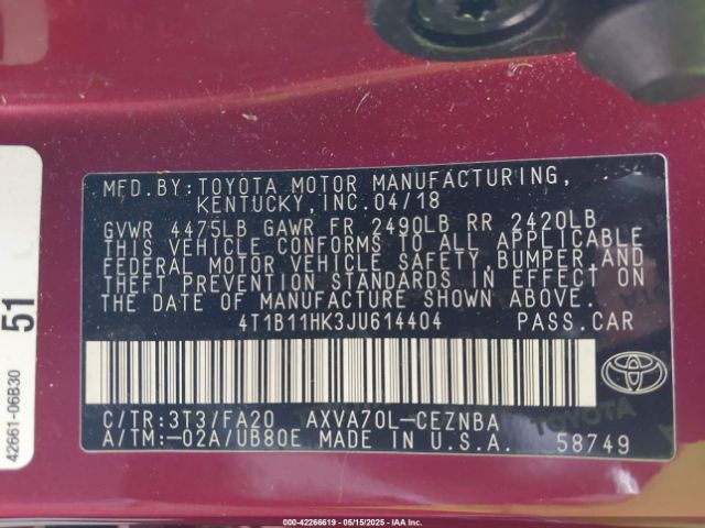 4T1B11HK3JU614404 Toyota CAMRY LE