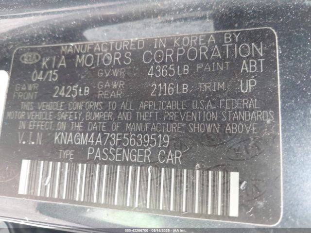 KNAGM4A73F5639519 KIA Optima Lx
