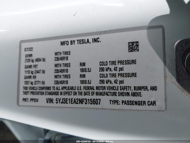 2022 TESLA MODEL 3 5YJ3E1EA2NF315607 Photo 8