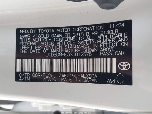 JTDBDMHE3SJ012578 Toyota Corolla Hybrid Se