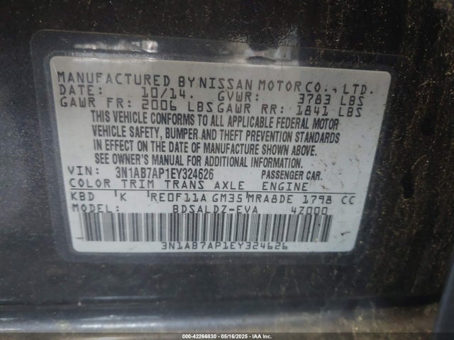 Продаж на аукціоні авто 2014 Nissan Sentra Sv, vin: 3N1AB7AP1EY324626, номер лоту: 42266830