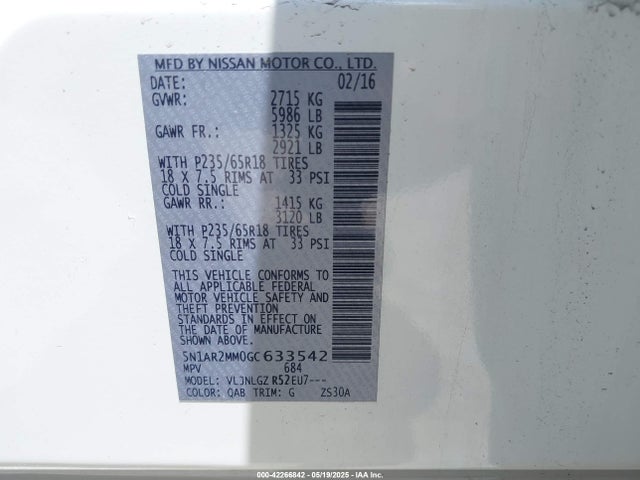 5N1AR2MM0GC633542 Nissan 2016