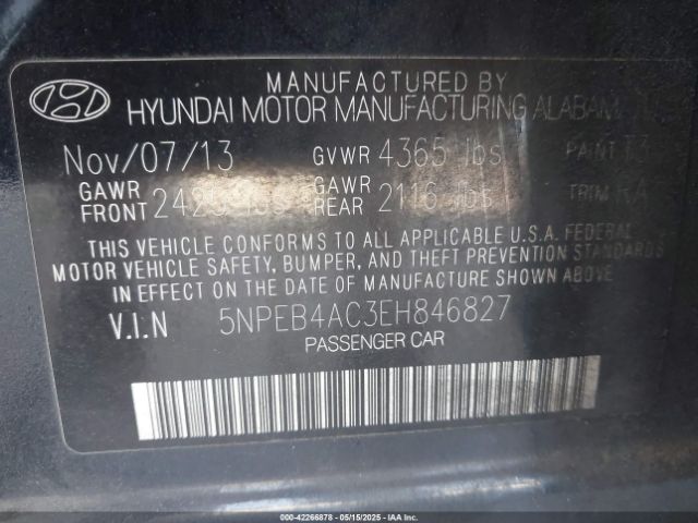5NPEB4AC3EH846827 Hyundai SONATA GLS
