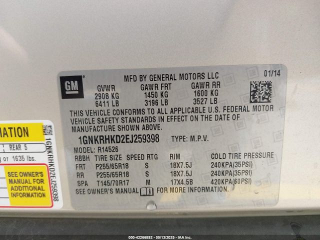 1GNKRHKD2EJ259398 Chevrolet Traverse 2lt