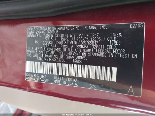 2005 TOYOTA TUNDRA 5TBDT48145S483700 Photo 8