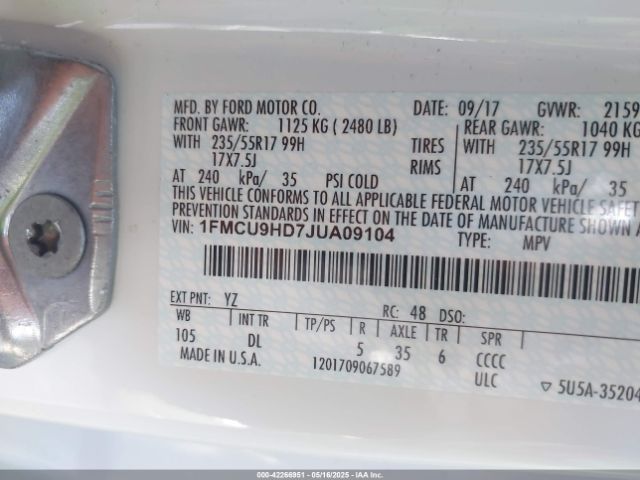 1FMCU9HD7JUA09104 Ford ESCAPE SEL