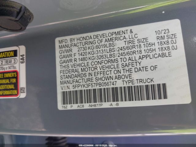 5FPYK3F57PB056747 Honda Ridgeline Rtl