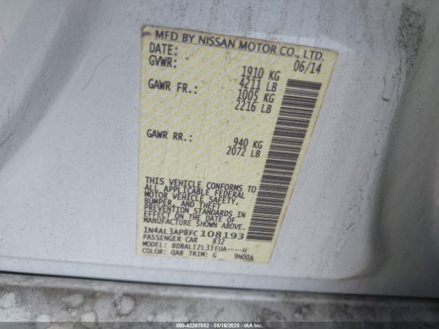 1N4AL3AP8FC108193 Nissan Altima 2.5 Sv