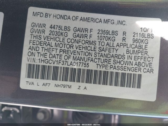 1HGCV1F37LA017755 Honda l15be