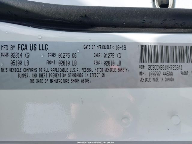 2C3CDXBG1KH725341 Dodge Charger Sxt Rwd