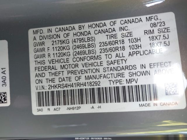 2HKRS4H41RH418292 Honda Cr-v Ex Awd