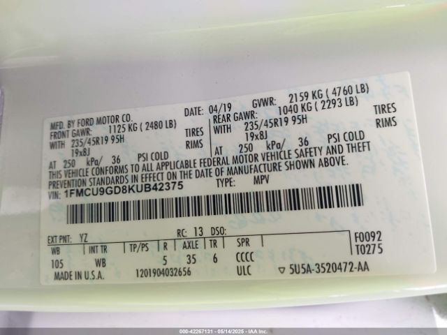 1FMCU9GD8KUB42375 Ford ESCAPE SE