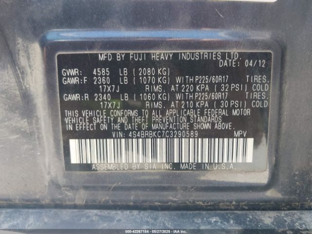 2012 SUBARU OUTBACK 4S4BRBKC7C3290589 Photo 8