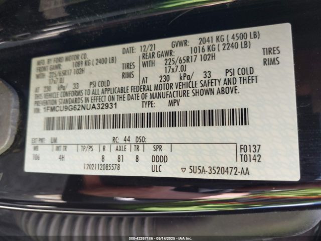 1FMCU9G62NUA32931 Ford ESCAPE SE
