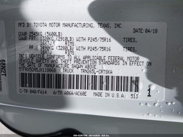 5TFRX5GN5JX118068 Toyota 2tr-fe