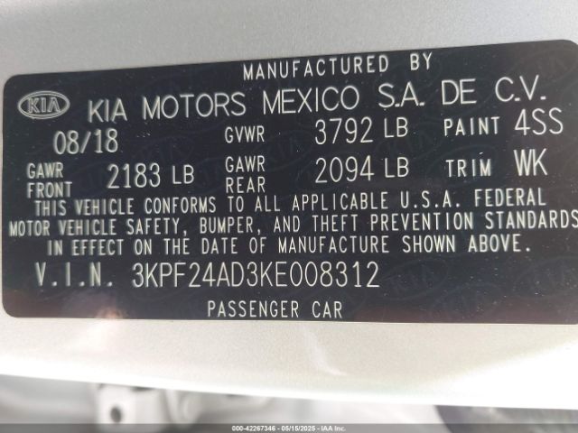 3KPF24AD3KE008312 KIA Forte Lxs