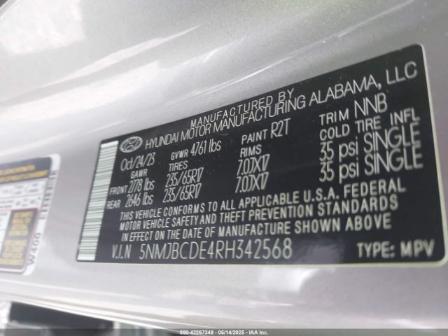 5NMJBCDE4RH342568 Hyundai TUCSON SEL