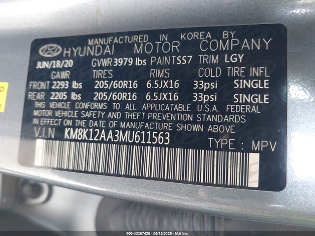 KM8K12AA3MU611563 Hyundai mpi nu