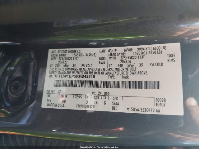 1FTEW1EP5KFB43316 Ford F-150 Lariat