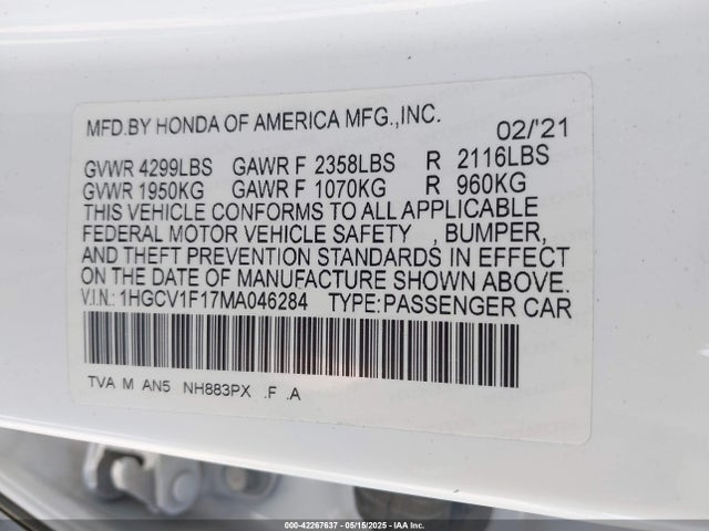 1HGCV1F17MA046284 Honda l15be