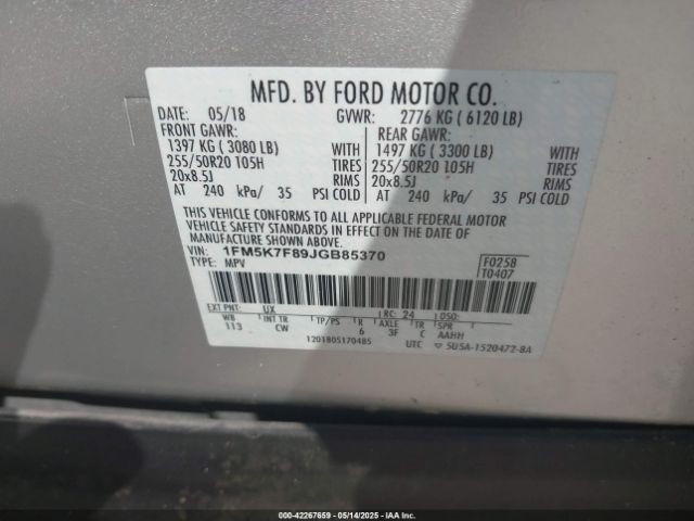 1FM5K7F89JGB85370 Ford Explorer Limited