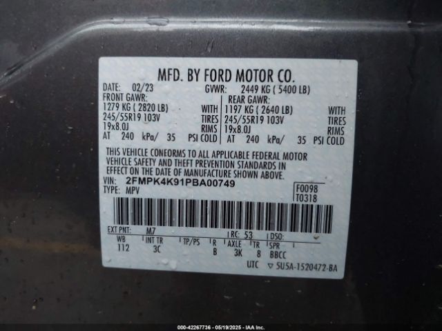 2FMPK4K91PBA00749 Ford Edge Titanium
