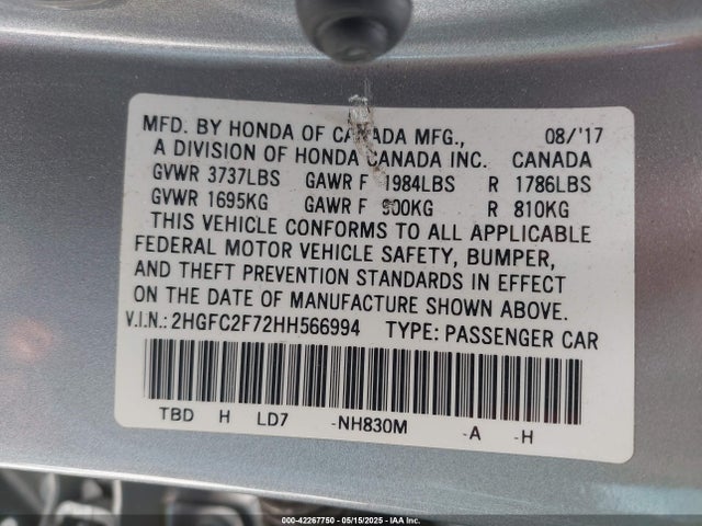 Honda CIVIC EX 2017 2HGFC2F72HH566994 Image 9
