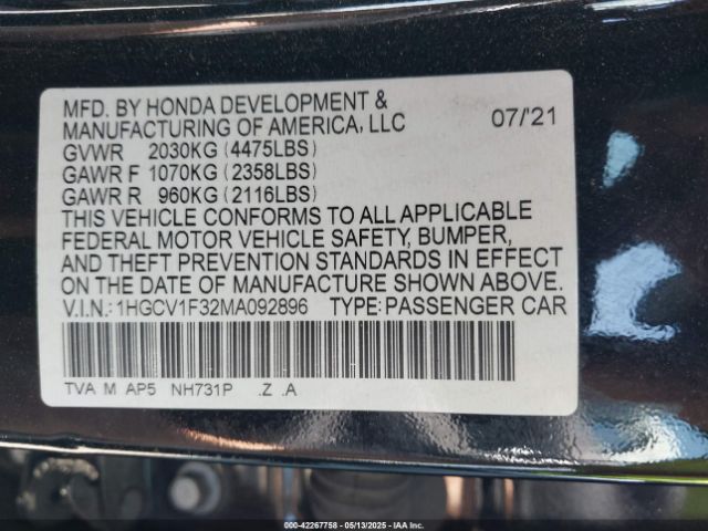 1HGCV1F32MA092896 Honda Accord Sport