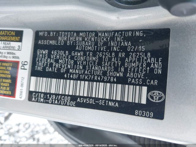 4T4BF1FK7FR479784 Toyota 2ar-fe