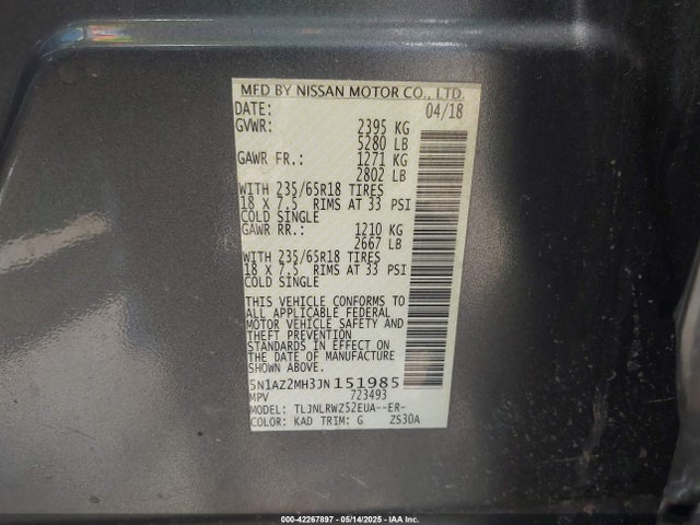 5N1AZ2MH3JN151985 Nissan MURANO SL