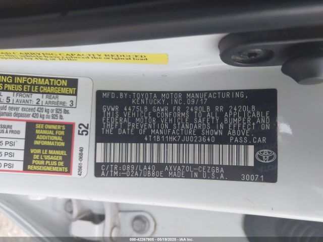 2018 TOYOTA CAMRY 4T1B11HK7JU023640 Photo 8