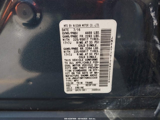 JN8AT2MT7GW022309 Nissan ROGUE S