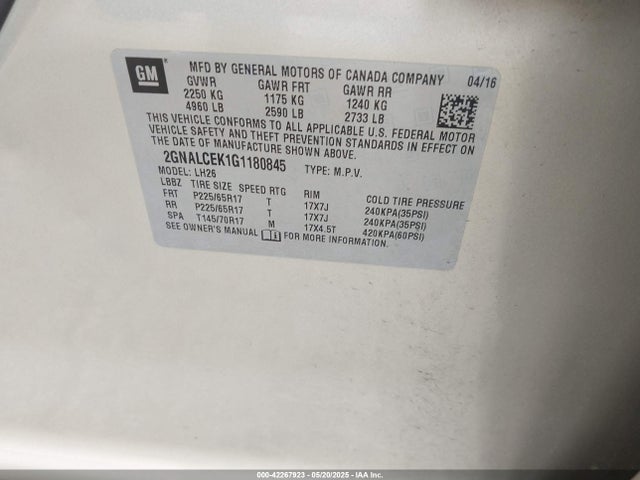 2GNALCEK1G1180845 Chevrolet EQUINOX LT
