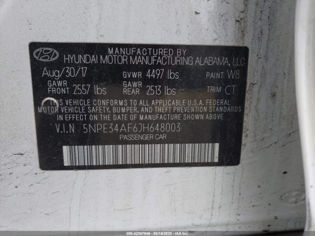 5NPE34AF6JH648003 Hyundai SONATA SEL