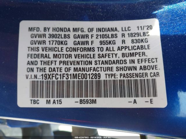2021 HONDA CIVIC 19XFC1F31ME001289 Photo 8