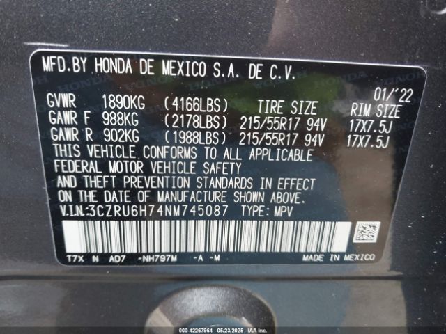 3CZRU6H74NM745087 Honda Hr-v Awd Ex-l