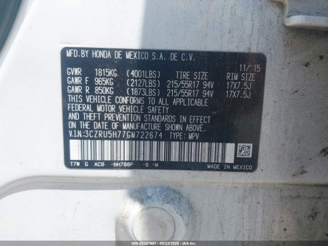 2016 HONDA HR-V 3CZRU5H77GM722674 Photo 8