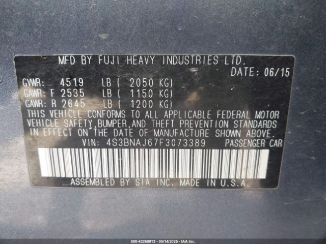 4S3BNAJ67F3073389 Subaru 2.5l u5
