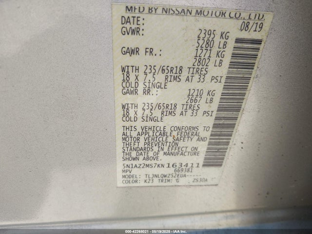 5N1AZ2MS7KN163411 Nissan MURANO SV