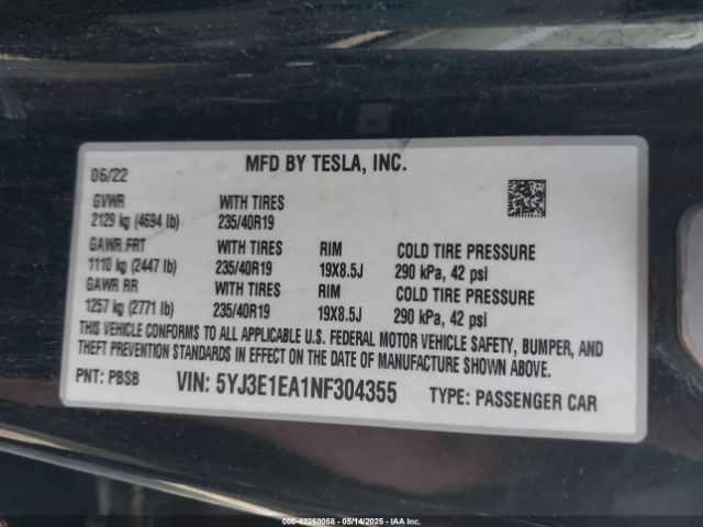 2022 TESLA MODEL 3 5YJ3E1EA1NF304355 Photo 8