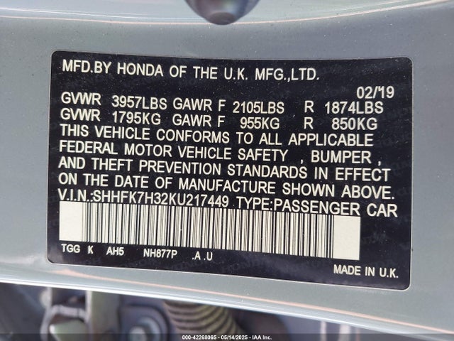 SHHFK7H32KU217449 Honda Civic Lx