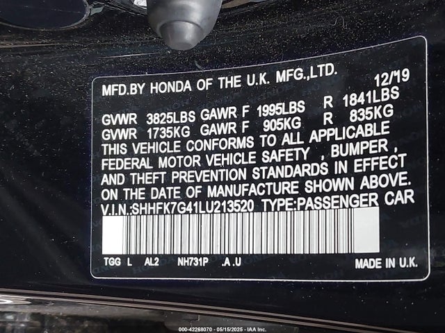 SHHFK7G41LU213520 Honda l15ba