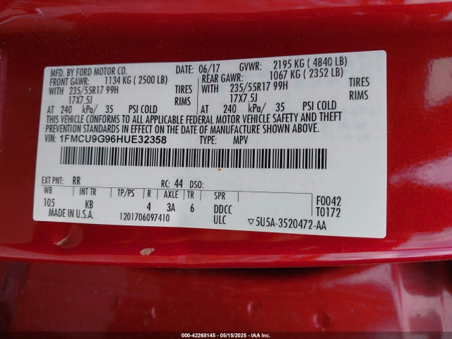 2017 Ford Escape Se მანქანა იყიდება აუქციონზე, vin: 1FMCU9G96HUE32358, აუქციონის ნომერი: 42268145