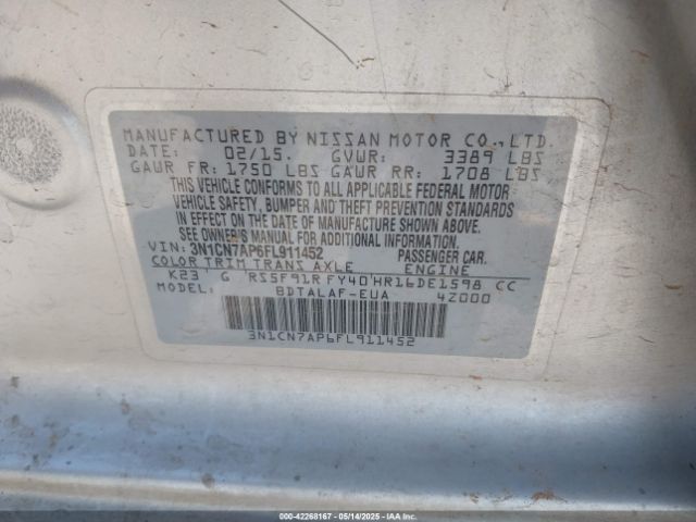 3N1CN7AP6FL911452 Nissan Versa 1.6 S