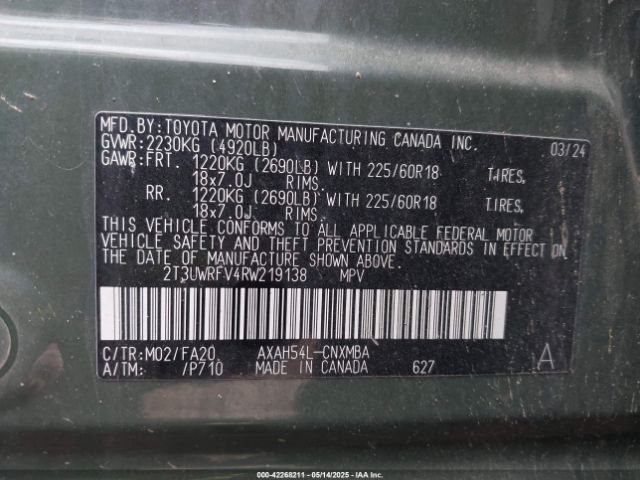 2T3UWRFV4RW219138 Toyota Rav4 Hybrid Woodland Edition