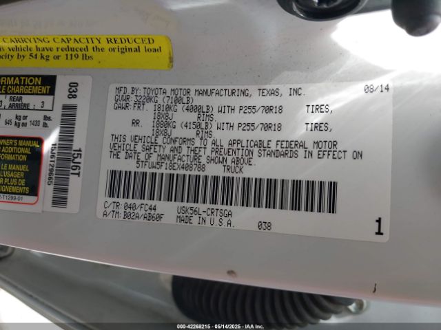 5TFUW5F18EX408788 Toyota Tundra Sr5 5.7l V8