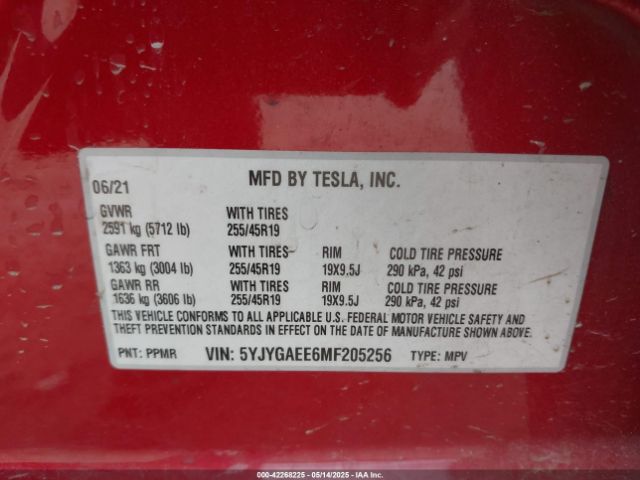 5YJYGAEE6MF205256 Tesla Model Y Long Range Dual Motor All-wheel Drive