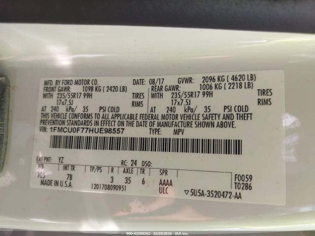 1FMCU0F77HUE98557 Ford ESCAPE S